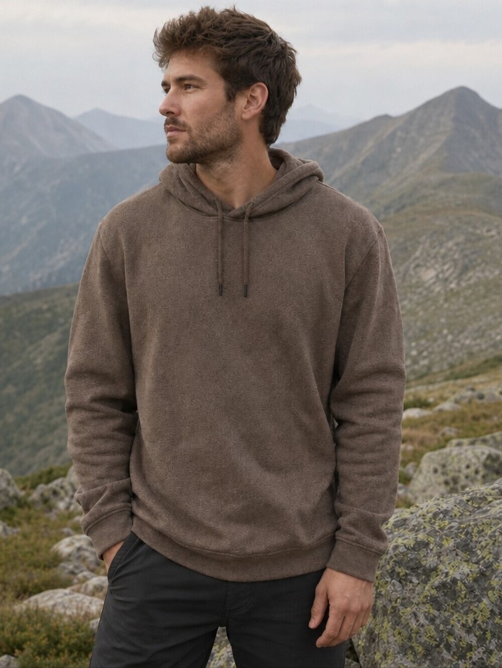 Men’s Textured Fleece Hooded Sweatshirt Brown Large Pullover New